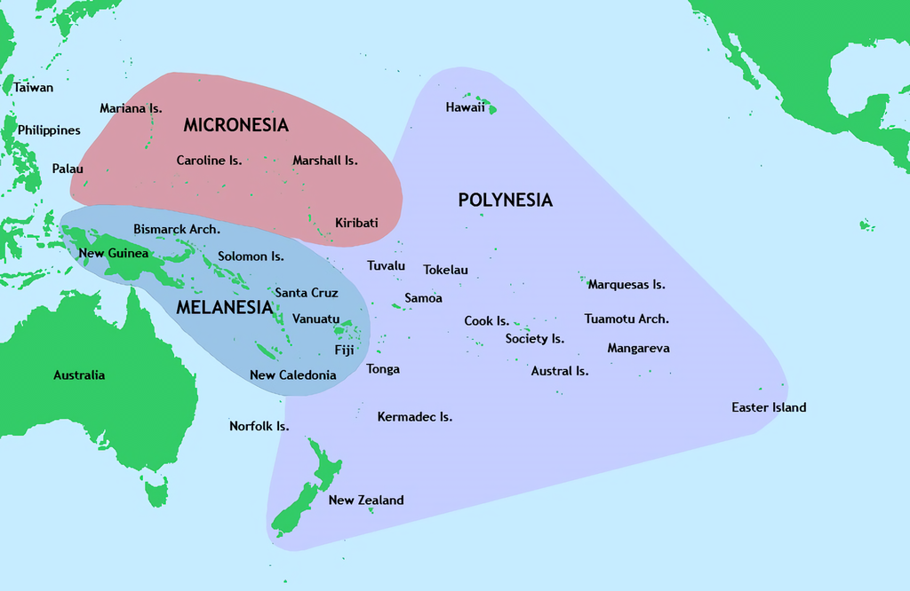 Map of Melanesia, Micronesia dan Polynesia in the South Pacific Region